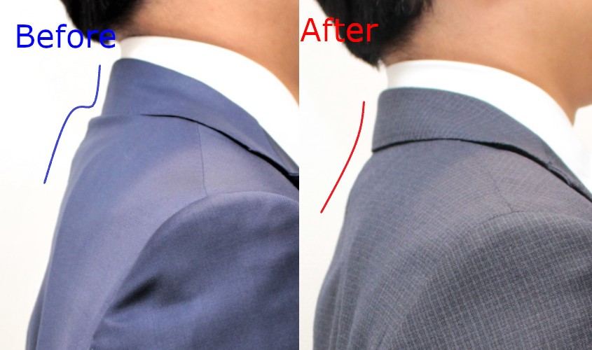 首が後にある方のスーツに出るシワ